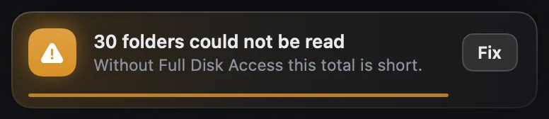 A Strata notification reading: 30 folders could not be read. Without Full Disk Access this total is short. With a Fix button