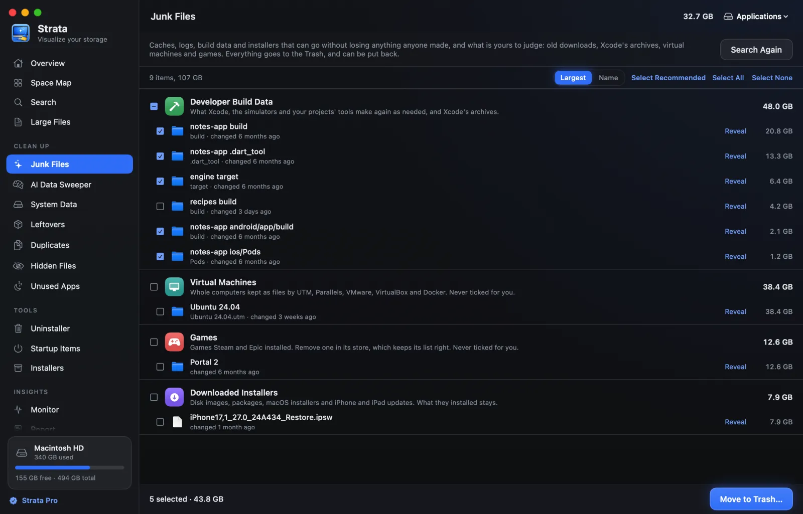 Strata's Junk Files: idle projects' build folders ticked; a recent one, a virtual machine, a game and an installer not