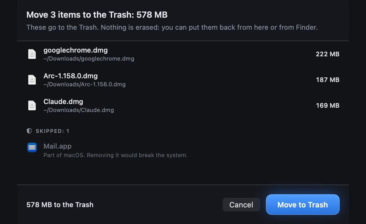 Strata's confirmation sheet: move 3 items to the Trash, 578 MB, with Mail.app skipped because it is part of macOS