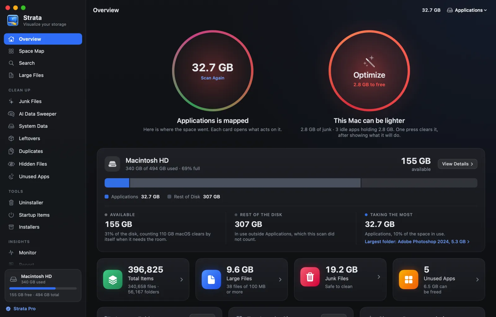 Strata's Overview of a 494 GB Macintosh HD: 155 GB available, of which macOS clears 110 GB by itself