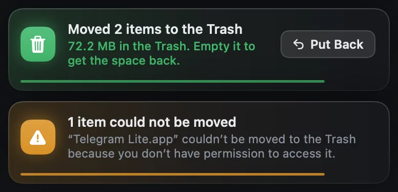 Two Strata notices: 2 items moved to the Trash with a Put Back button, and 1 item that could not be moved
