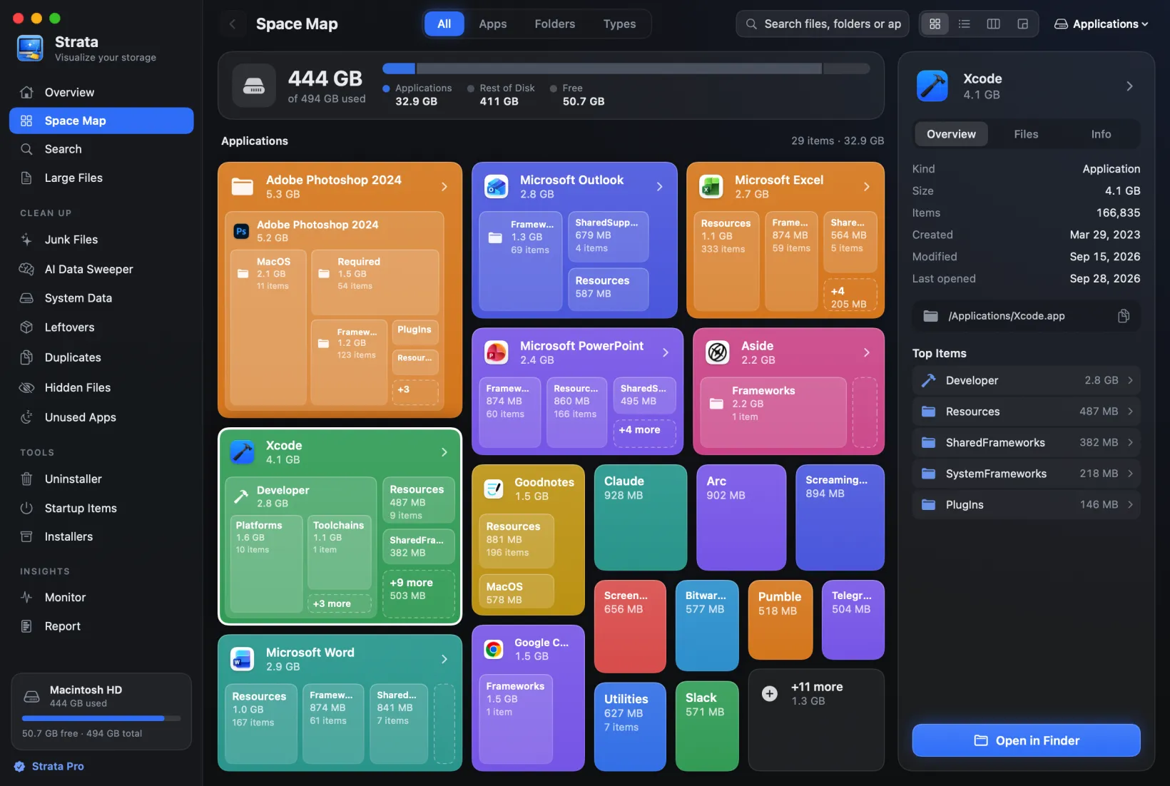 The Strata Space Map: apps and folders drawn as cards, each sized by how much disk it uses