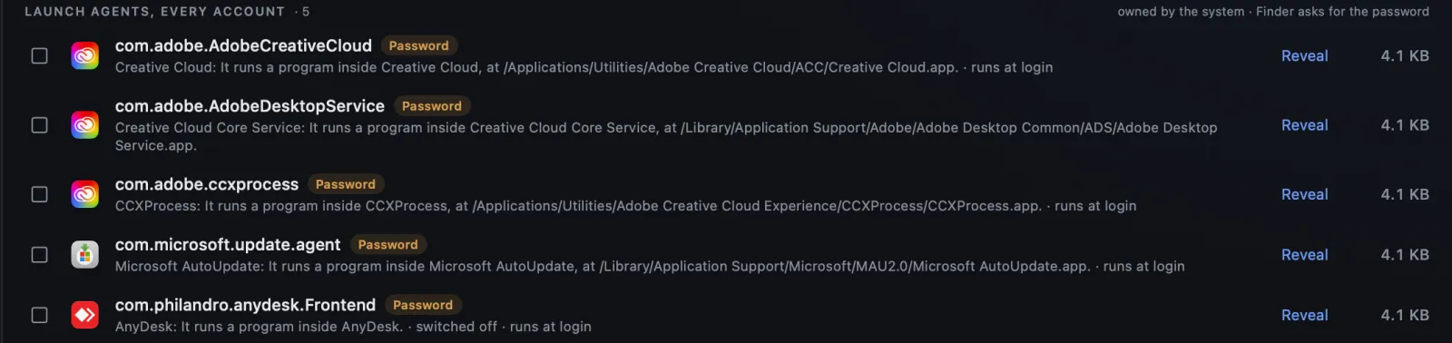 Strata's Startup Items by kind: five launch agents for every account, from Adobe, Microsoft and AnyDesk, each marked Password