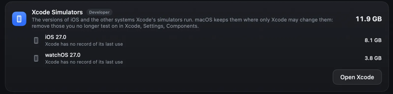 Strata's System Data room: Xcode Simulators, 11.9 GB, iOS 27.0 at 8.1 GB and watchOS 27.0 at 3.8 GB, with an Open Xcode button