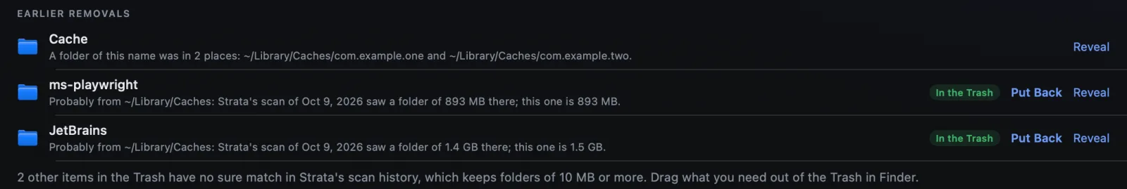 Earlier removals with demonstration data: a folder named Cache was in two places; ms-playwright and JetBrains, each probably from Library Caches, with the size Strata's scan saw, the size now and Put Back; two other items have no sure match