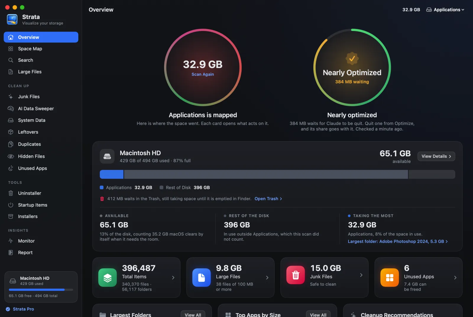 Strata's Overview with the Optimize circle in amber reading Nearly Optimized, 384 MB waiting for an open app to be quit