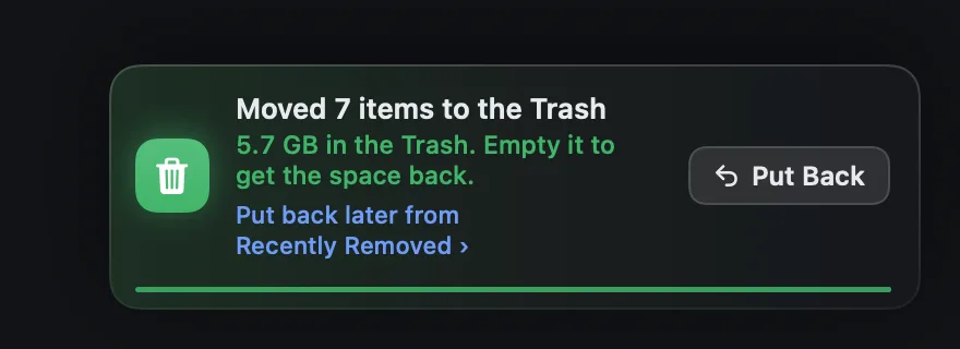 Strata's notice after a removal: Moved 7 items to the Trash, 5.7 GB in the Trash, with Put Back and a link, Put back later from Recently Removed