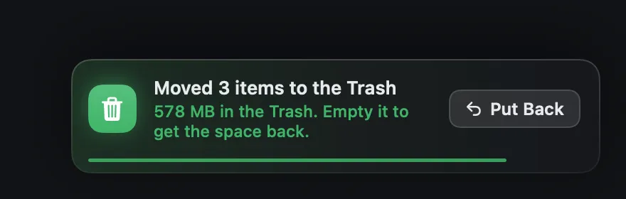 Strata's notice after a removal: Moved 3 items to the Trash, 578 MB in the Trash, with a Put Back button