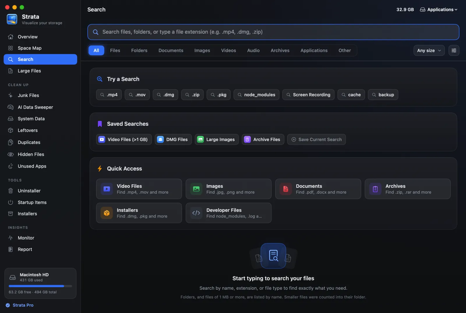 Strata's Search room before anything is typed: example searches, saved searches, and Quick Access buttons for videos, images, documents, archives, installers and developer files