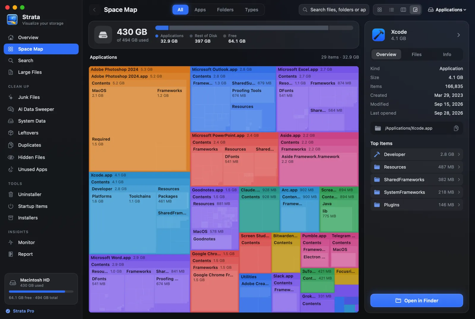 Strata's Detailed Map: the Applications folder as a treemap, each app a coloured rectangle with the folders inside it drawn smaller