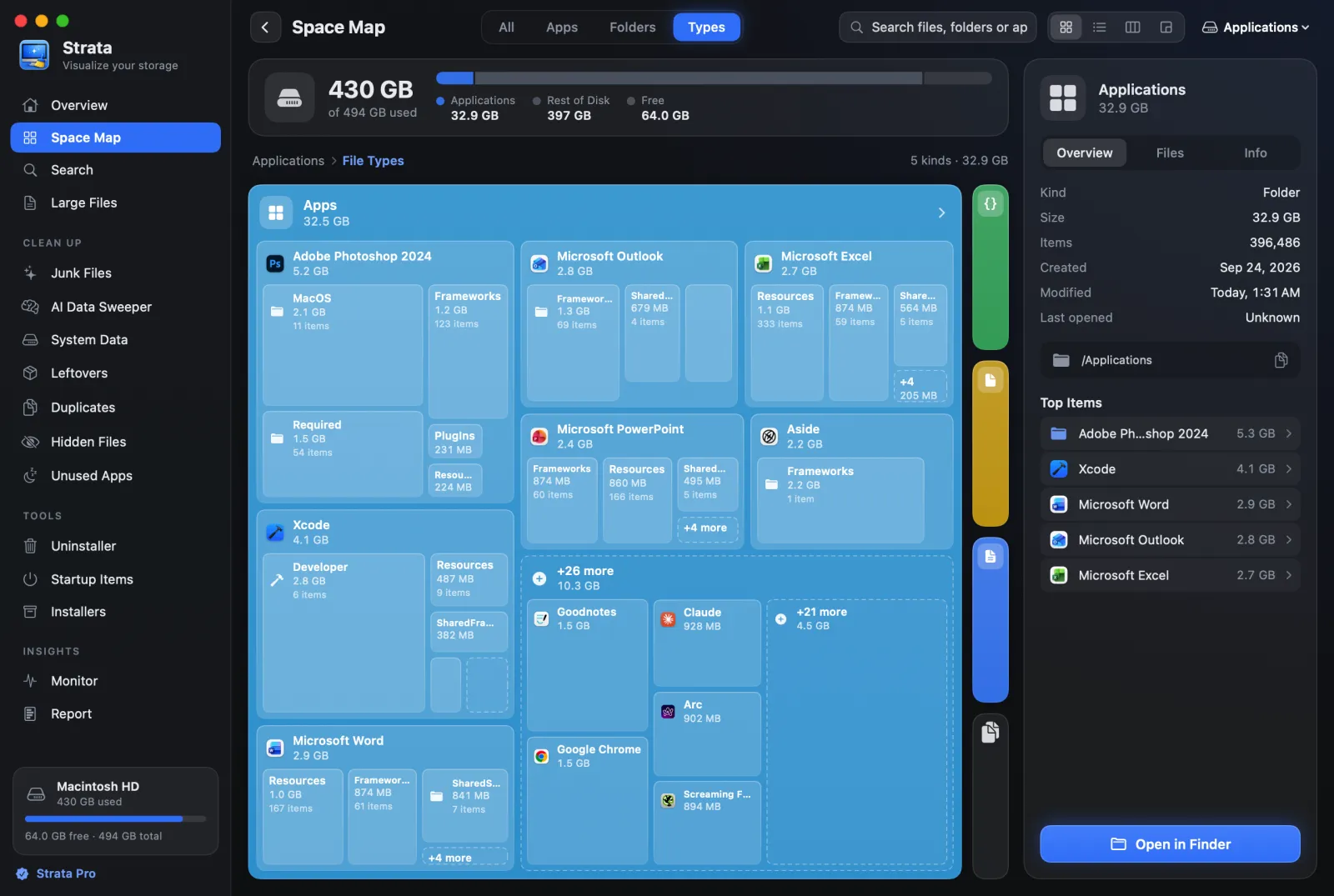 Strata's Space Map looking at the Applications folder by file type: one large card for Apps, with narrow cards for code, other files and documents beside it