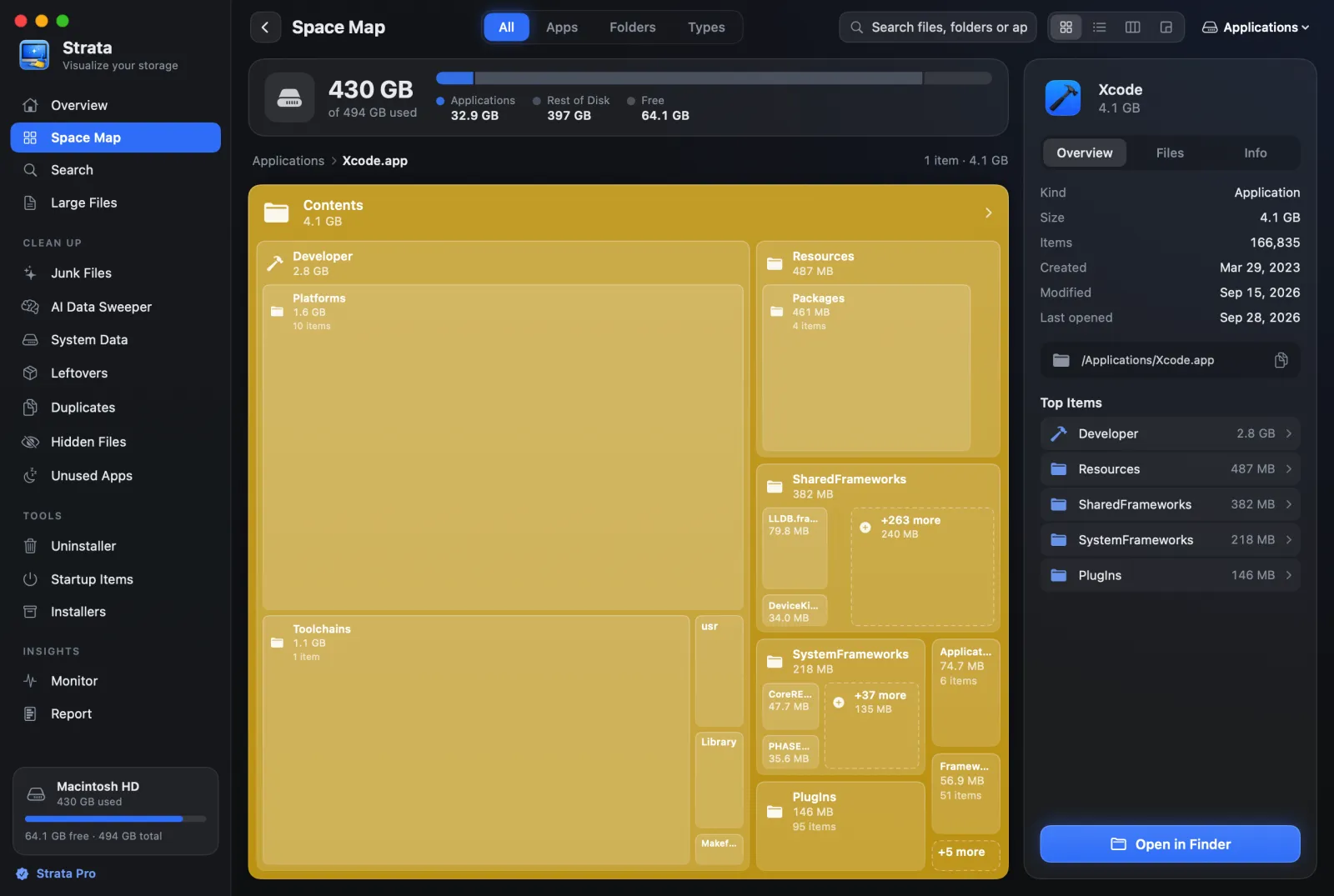 Strata's Space Map inside Xcode: its folders drawn as cards, and the inspector listing its size, item count, dates and top items