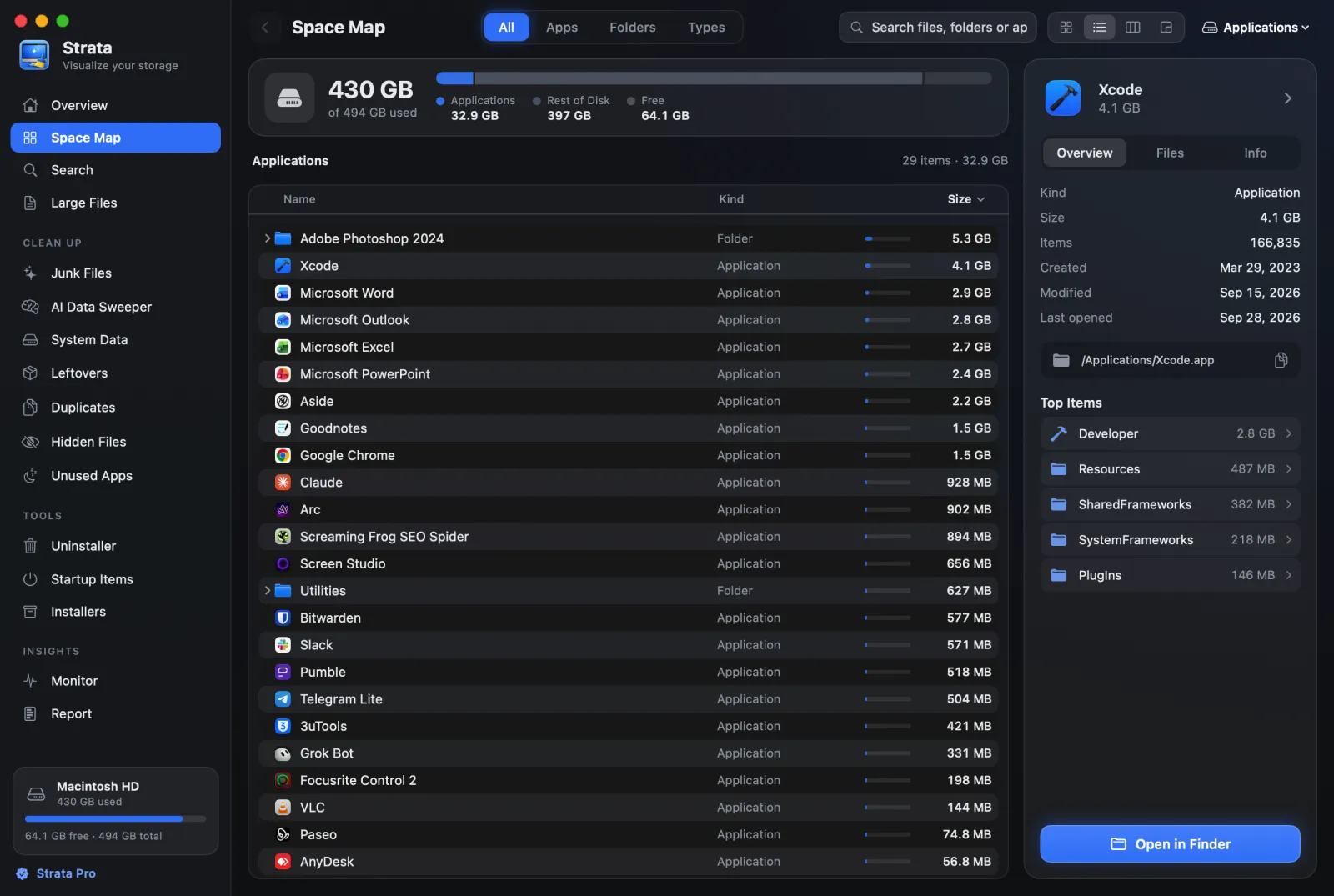 Strata's Space Map in the List view: name, kind and size columns, biggest first, with triangles to open folders in place