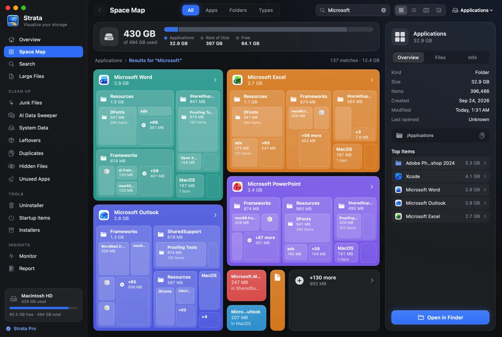 Strata's Space Map showing the results of a search for Microsoft as cards: Word, Excel, PowerPoint and Outlook, each sized by the space it takes