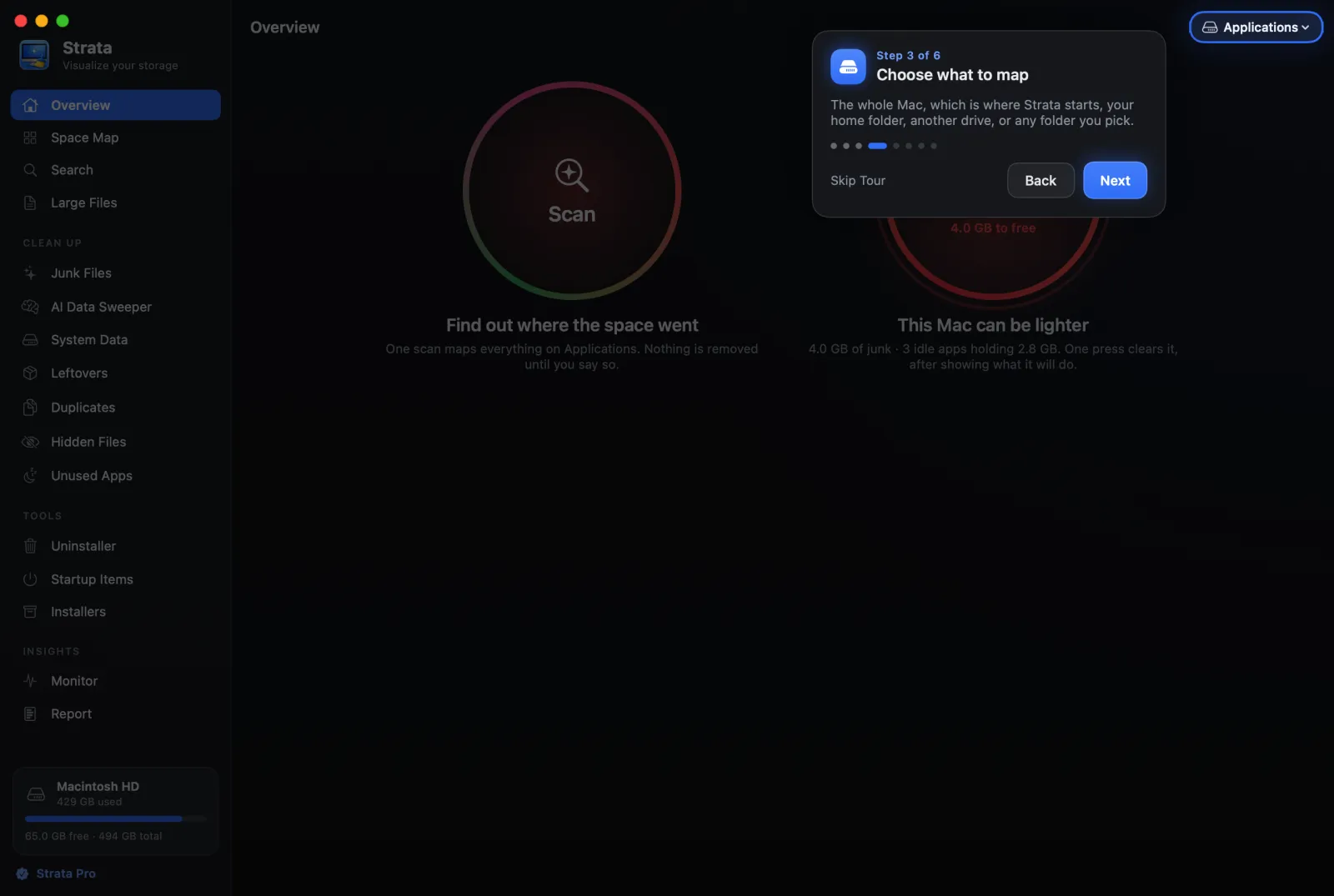 Strata's tour at step 3 of 6, lighting up the menu at the top right of the window that chooses what to map