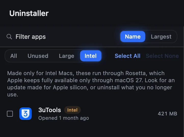 The Uninstaller's Intel filter: a note that these apps run through Rosetta, then 3uTools, opened 1 month ago, 421 MB, tagged Intel