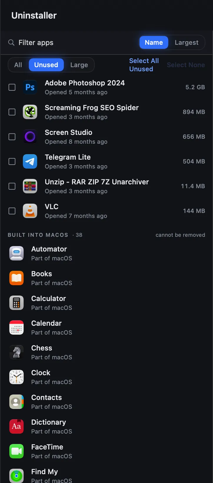 The Uninstaller's app list filtered to Unused: six apps, each with when it was last opened and its size, then the apps built into macOS below