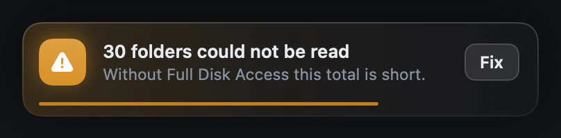 A notification from Strata saying some folders could not be read without Full Disk Access, with a button to show how to grant it