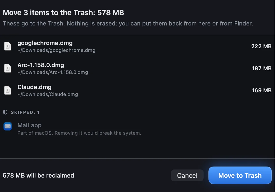 The confirmation before anything moves: three installers to go to the Trash, and Mail refused because it belongs to macOS