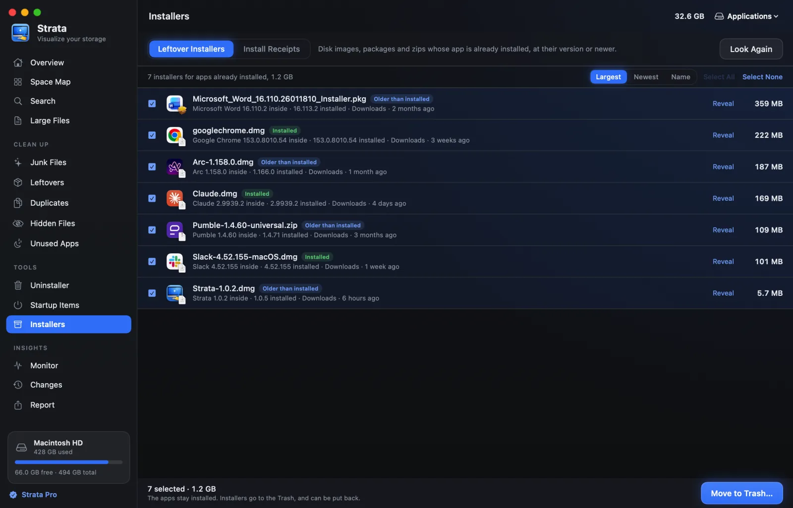 The Installers room: disk images and packages in Downloads whose app is already installed, each with the installed version beside it