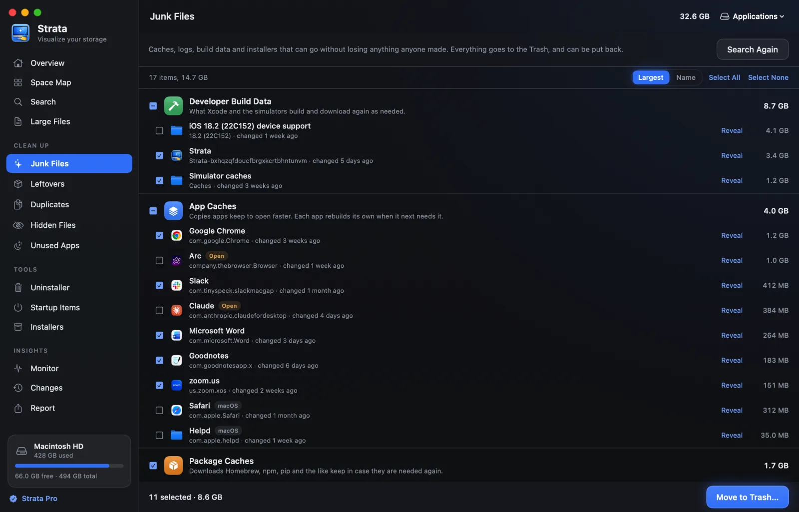 The Junk Files room: app caches, logs, developer build data and package caches grouped by kind, with sizes and tick boxes