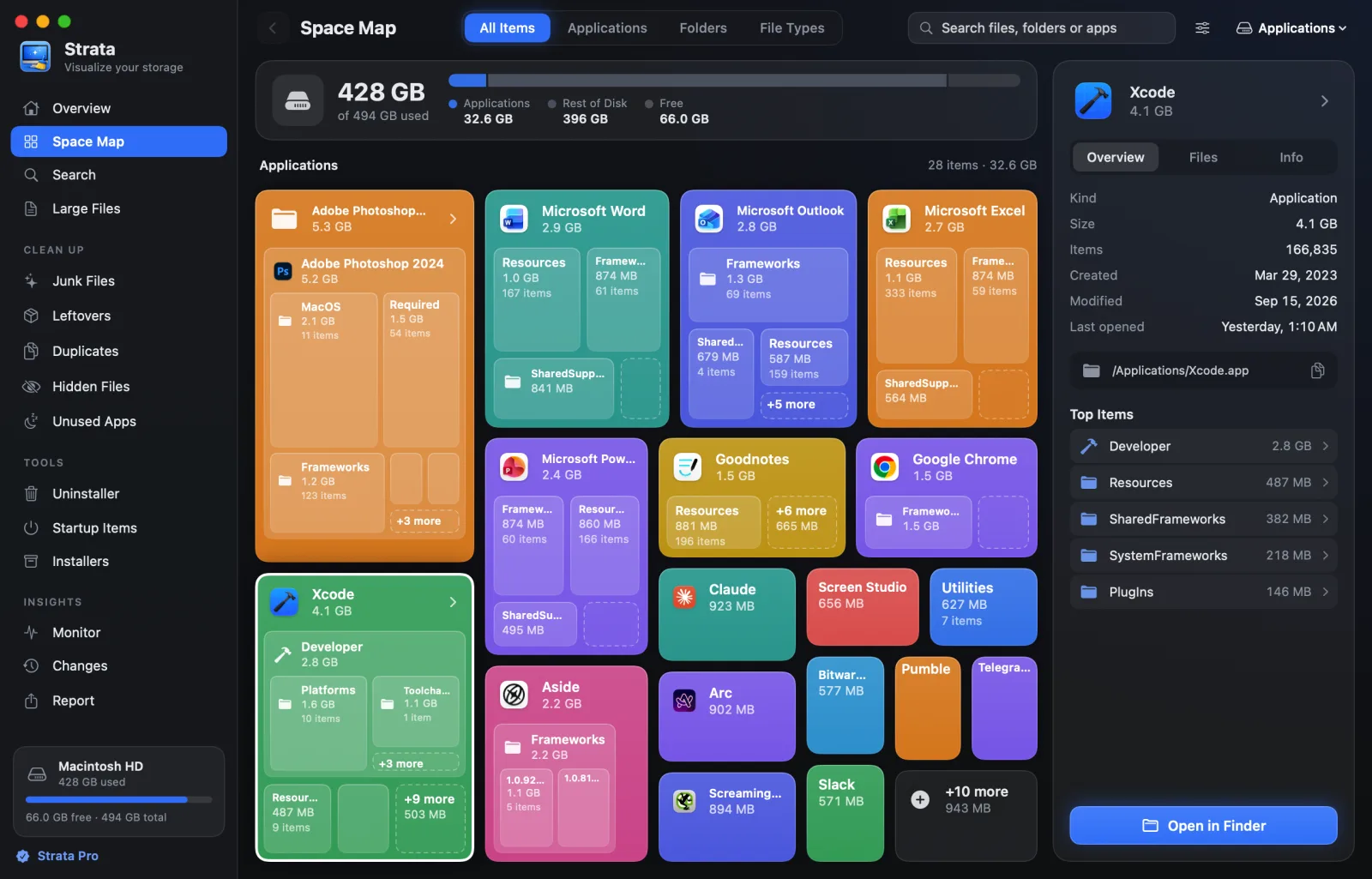 The Space Map of the Applications folder: every app a card sized by its space, Adobe Photoshop and Xcode largest, with an inspector beside it