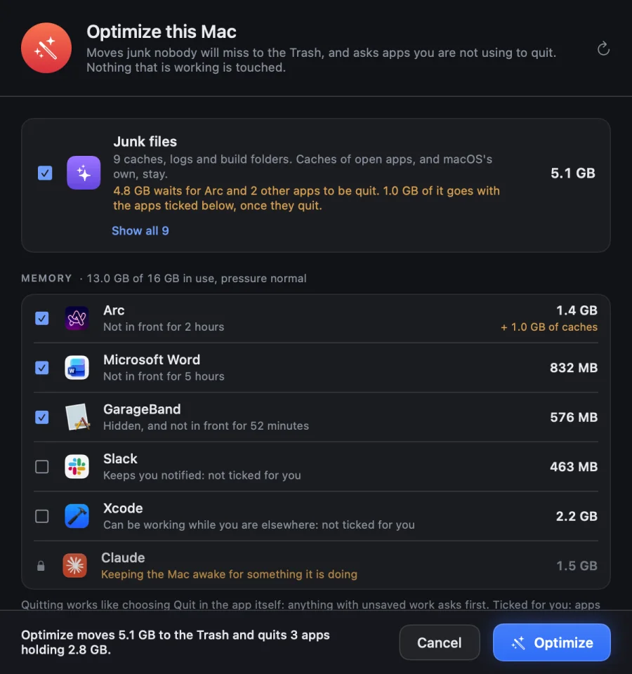 The Optimize sheet: junk files to move to the Trash, and idle apps to quit with why each one is or is not ticked