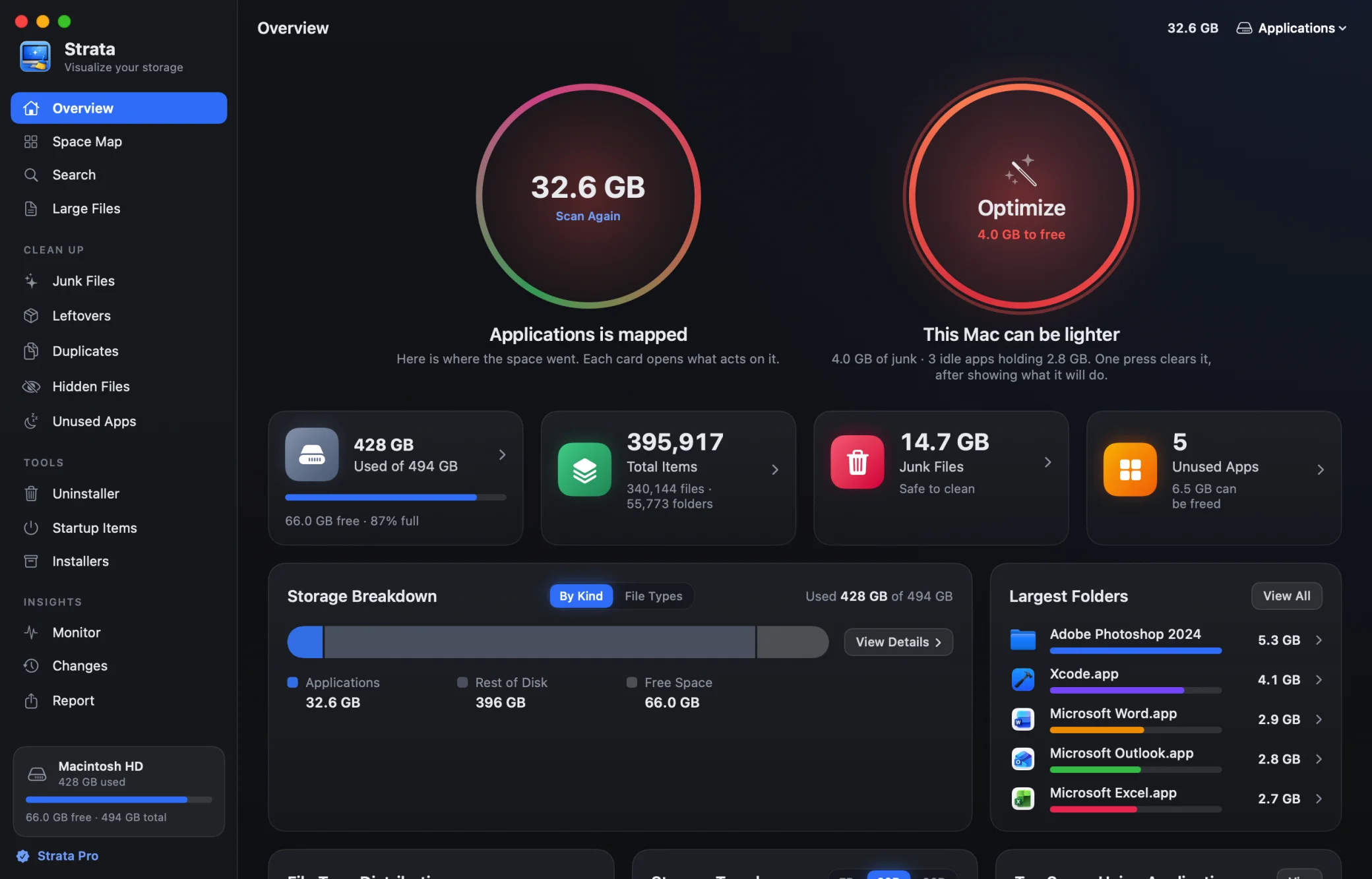 The Overview with Optimize red, offering 4.0 GB to free: junk and three idle apps