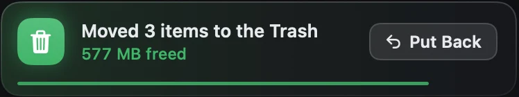 A notification from Strata: moved to the Trash, with the space freed and a Put Back button