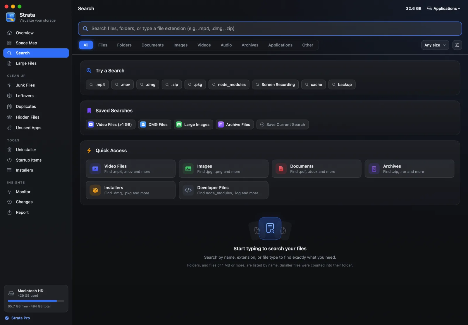 Search with kinds of file as tabs, a size floor, recent and saved searches, and one-click searches for videos, images, documents, archives, installers and developer files