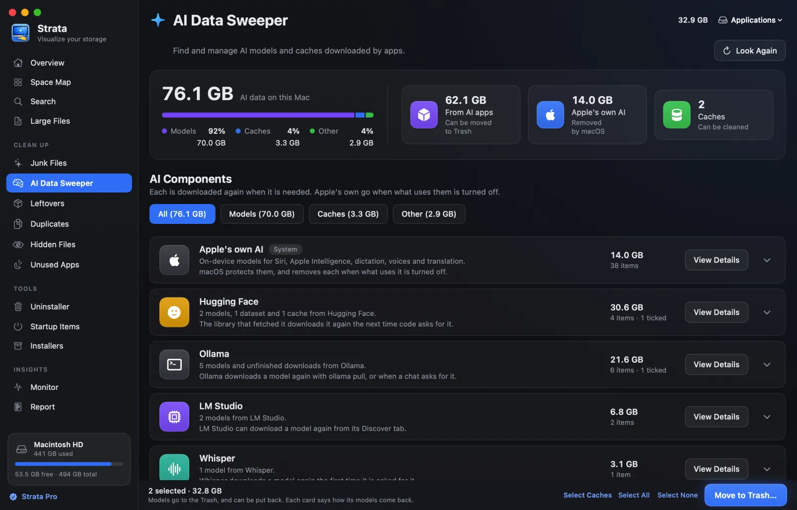 The AI Data Sweeper: 76.1 GB of AI data in a bar of models, caches and other data, Apple's own AI in one card, and cards for what Hugging Face, Ollama and LM Studio downloaded, each with its size and View Details