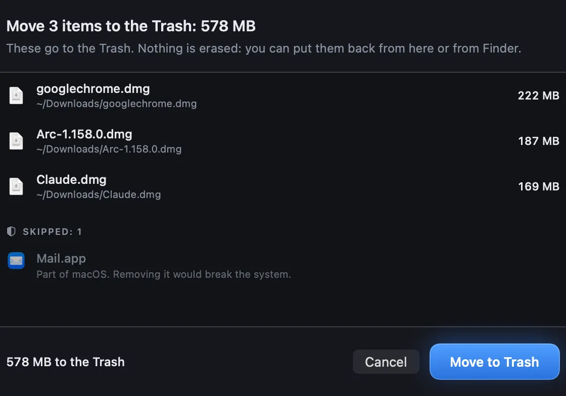 The confirmation before anything moves: three installers to go to the Trash, and Mail refused because it belongs to macOS
