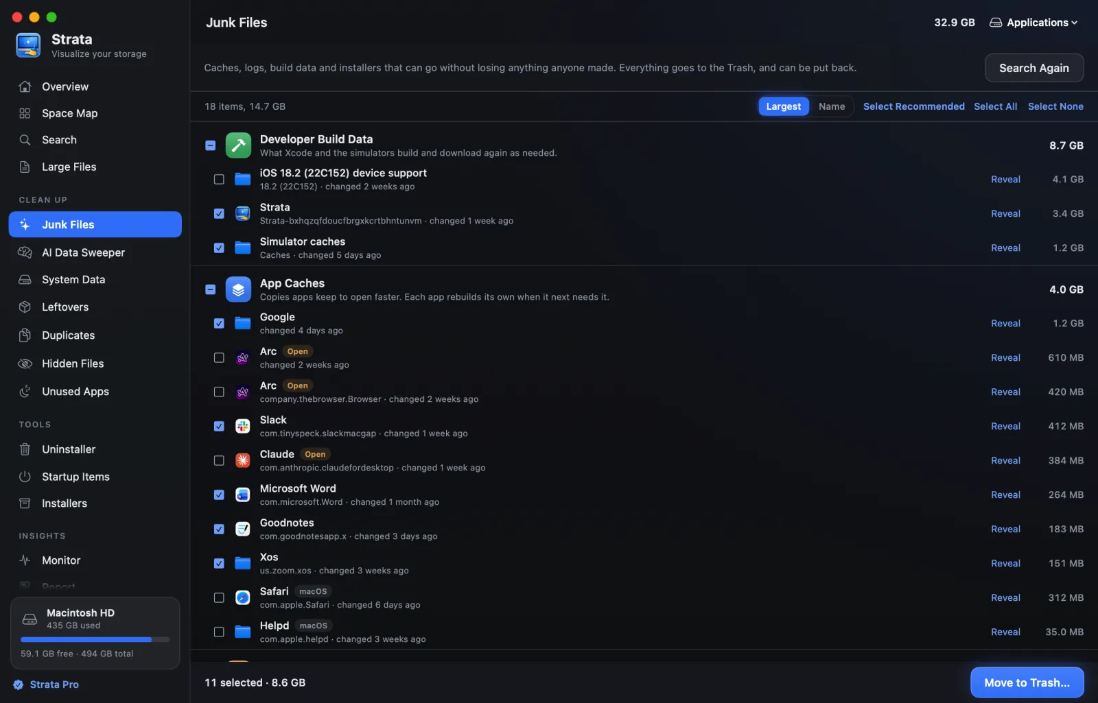 The Junk Files room: app caches, logs, developer build data and package caches grouped by kind, with sizes and tick boxes