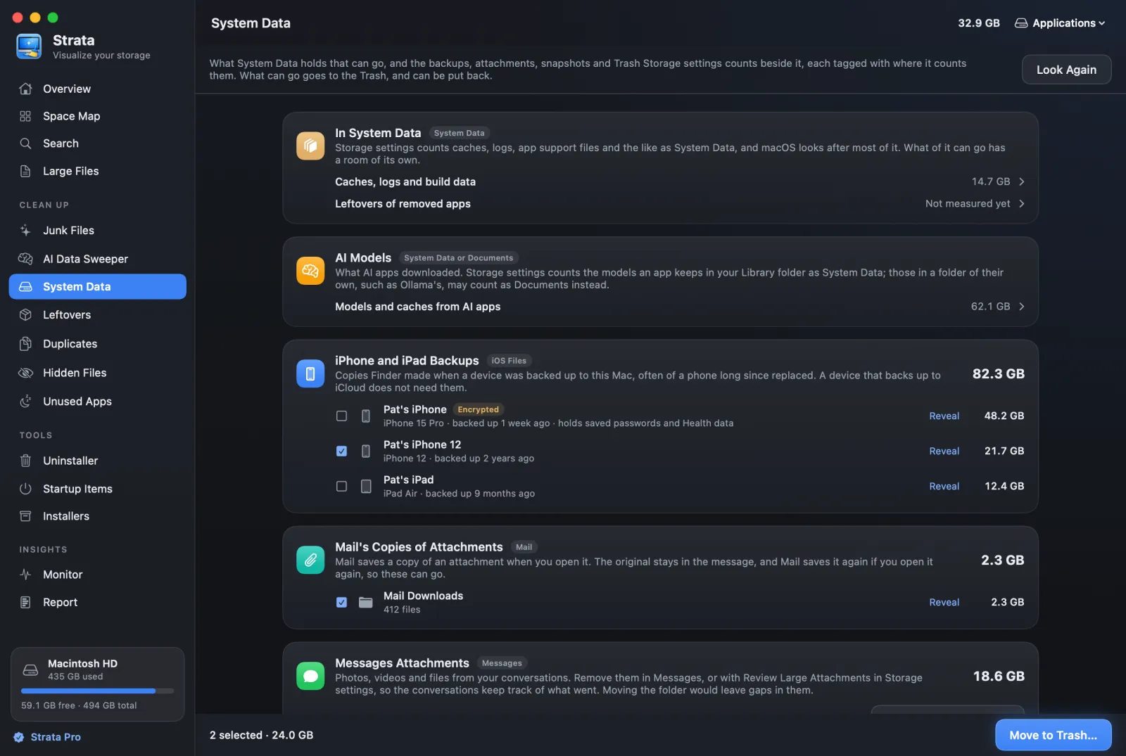 The System Data room: links to what System Data holds that can go and to the AI models Storage settings counts by where they are kept, then three iPhone and iPad backups with their sizes and ages, one encrypted, and Mail's copies of attachments, each tagged with the Storage settings category that counts it