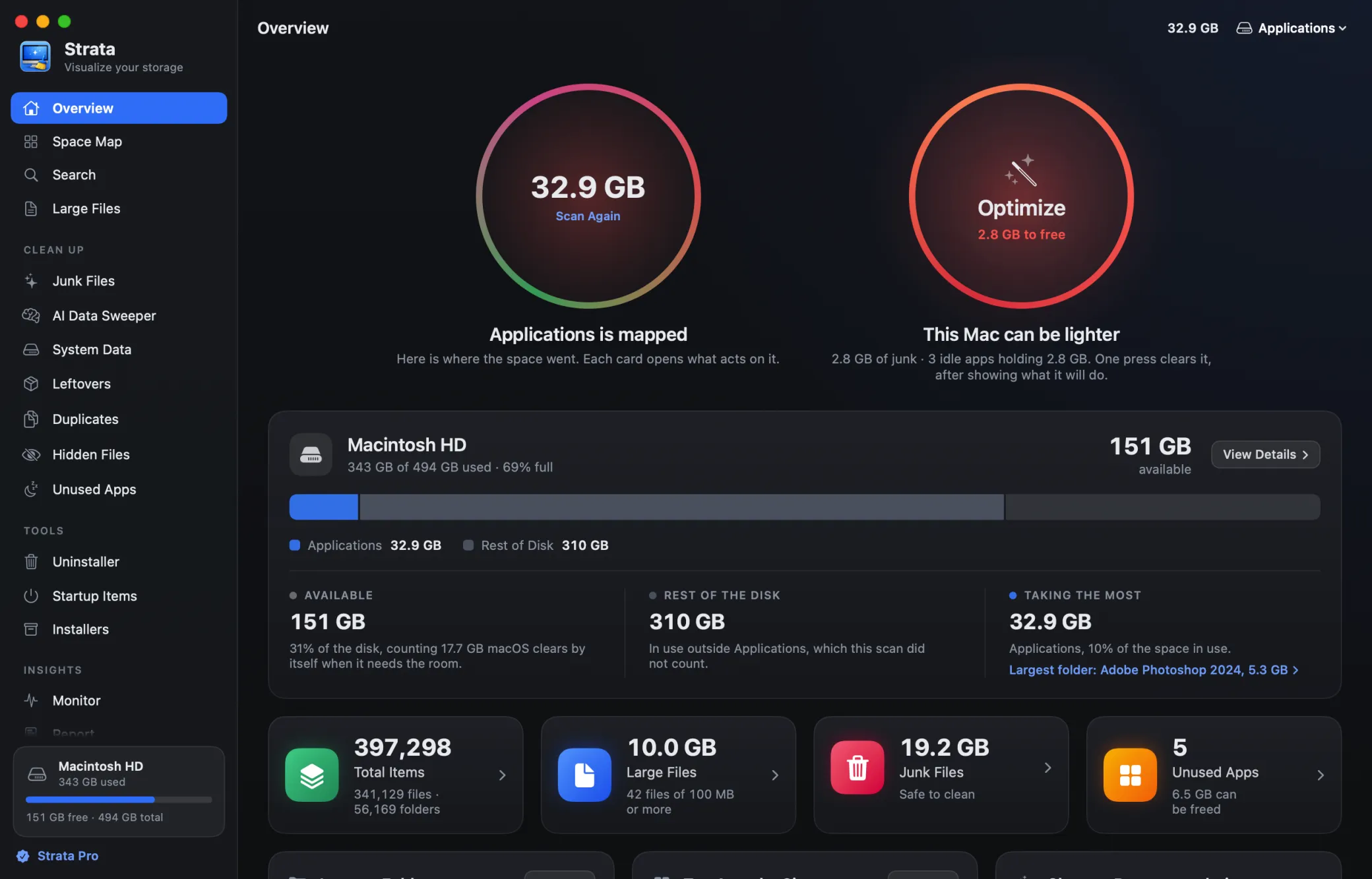 The Strata window on its Overview: the Applications folder mapped at 32.9 GB, beside a red Optimize button offering 2.8 GB to free, with the disk in one bar below and cards for items, large files, junk files and unused apps