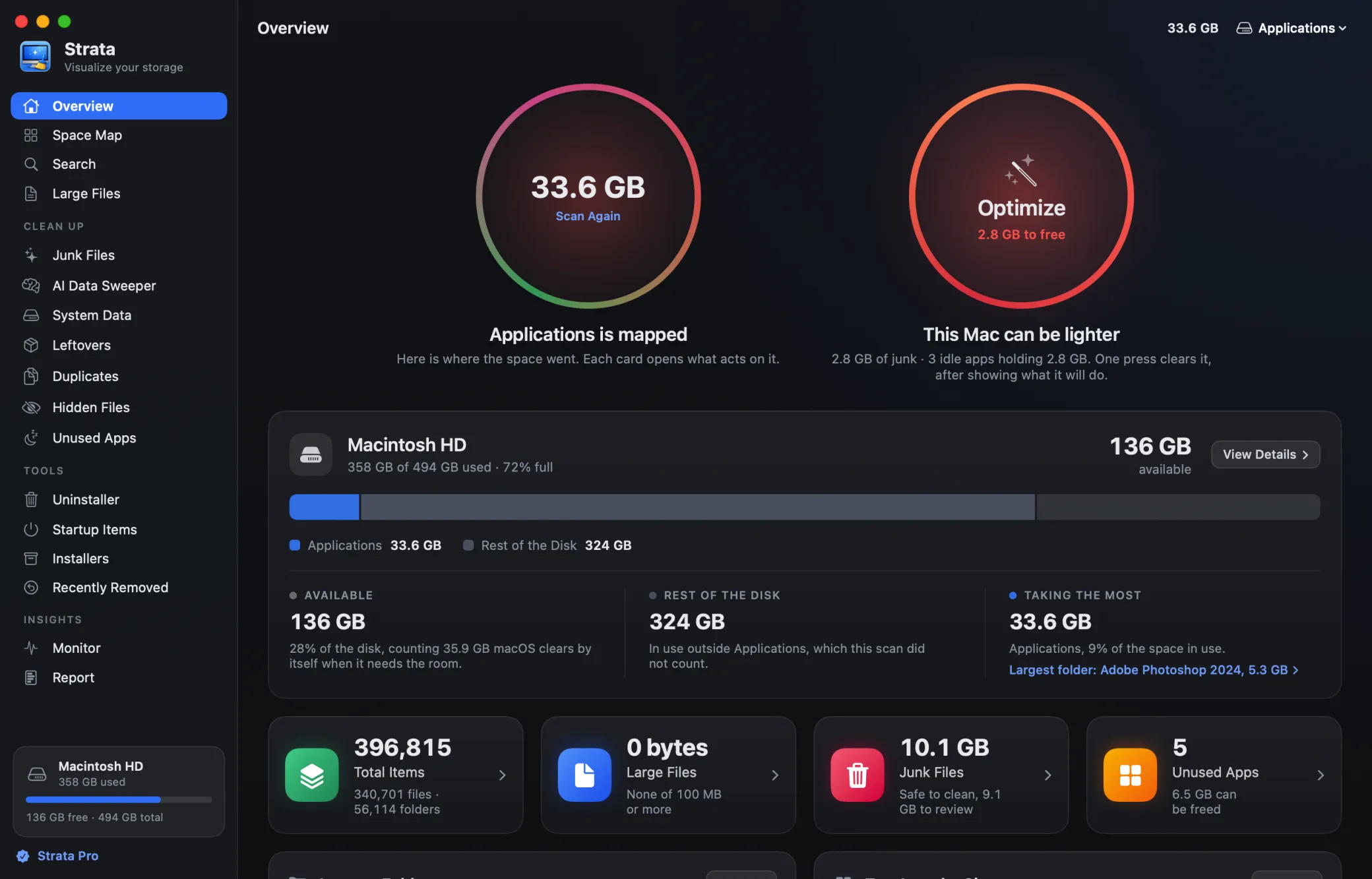 The Strata window on its Overview: the Applications folder mapped at 33.6 GB, beside a red Optimize button offering 2.8 GB to free, with the disk in one bar below and cards for items, large files, junk files and unused apps